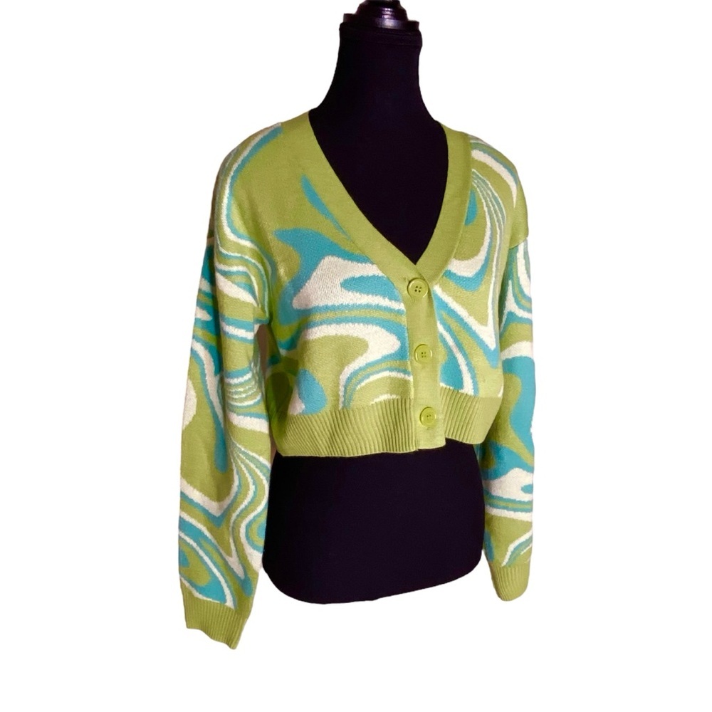 GARAGE Moss Green and Blue Abstract Swirl Crop Knit Cardigan Oversized Small